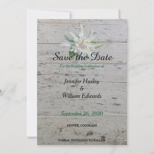Floral Edelweiss alpine flower Barn wood Wedding Save The Date (Voorkant)