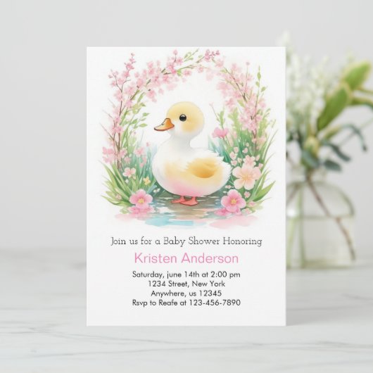 Floral eendje Schattige roze meisje Baby shower Kaart (Staand voorkant)