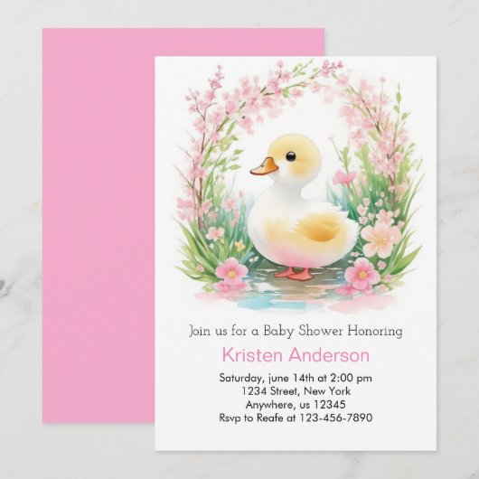 Floral eendje Schattige roze meisje Baby shower Kaart (Voorkant / Achterkant)