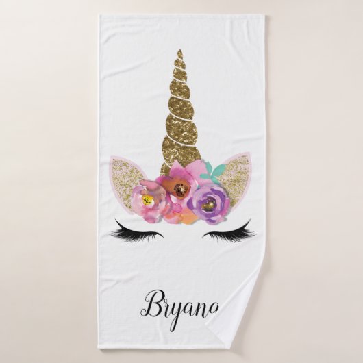 Floral Eenhoorn Gouden Glitter Meisjes Sparkle Bad Handdoek (Badhanddoek)