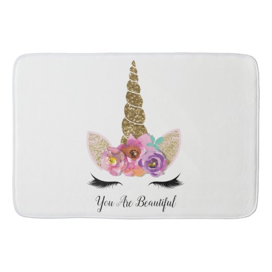 Floral Eenhoorn Gouden Glitter Meisjes Sparkle Badmat (Voorkant)