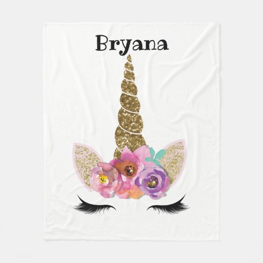 Floral Eenhoorn Gouden Glitter Meisjes Sparkle Fleece Deken (Voorkant)