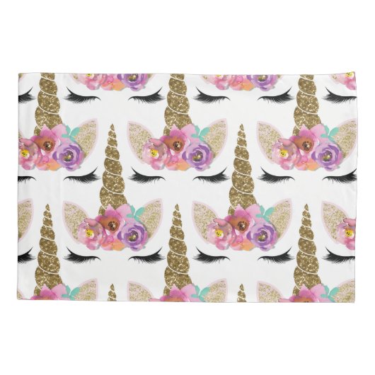 Floral Eenhoorn Gouden Glitter Meisjes Sparkle Kussensloop (Achterkant)