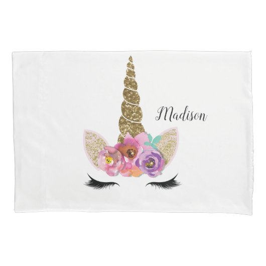 Floral Eenhoorn Gouden Glitter Meisjes Sparkle Kussensloop (Voorkant)