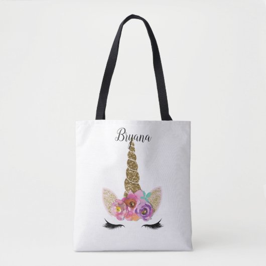 Floral Eenhoorn Gouden Glitter Meisjes Sparkle Tote Bag (Voorkant)
