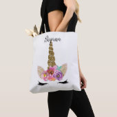 Floral Eenhoorn Gouden Glitter Meisjes Sparkle Tote Bag (Dichtbij)