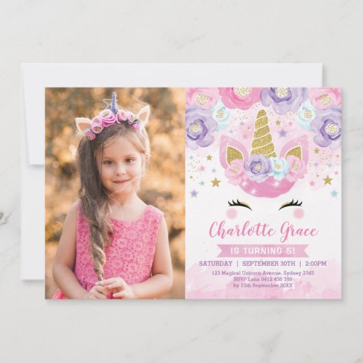 Floral Eenhoorn Roze Paarse Blauwe Regenboog Verja Kaart (Voorkant)