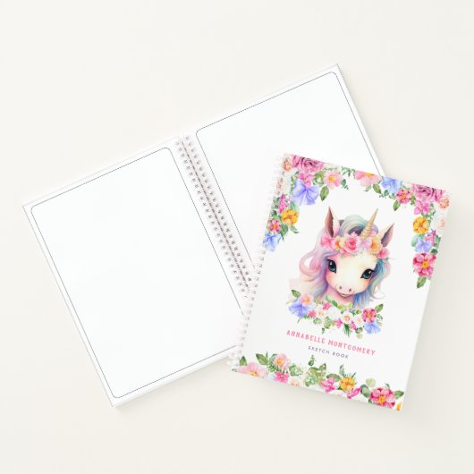 Floral Eenhoorn Schattige Meisje Custom Naam Kinde Notitieboek (Binnen)