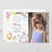 Floral Eenhoorn Verjaardag Uitnodiging met Foto (Voorkant / Achterkant)