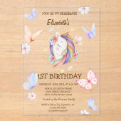 Floral eenhoorn vlinders gestreept verjaardag acryl uitnodigingen (Voorkant)