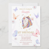 Floral eenhoorn vlinders gestreept verjaardag kaart (Voorkant)