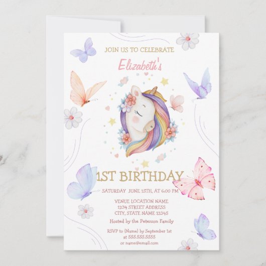 Floral eenhoorn vlinders gestreept verjaardag kaart (Voorkant)