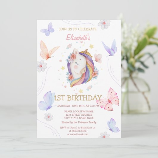 Floral eenhoorn vlinders gestreept verjaardag kaart (Staand voorkant)