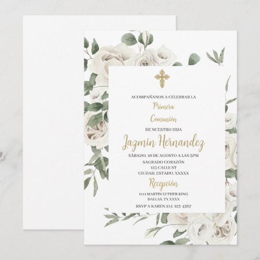 Floral eerste communie Spaanse uitnodiging (Voorkant / Achterkant)