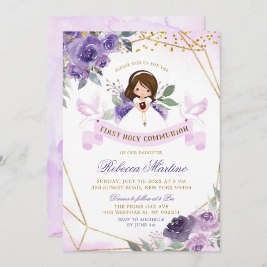 Floral eerste Heilige Communie van het Paarse en g Kaart (Voorkant / Achterkant)