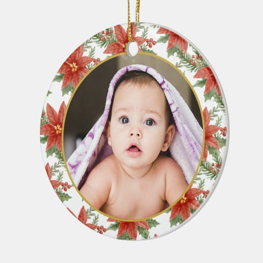 Floral eerste kerstfotocadeau keramisch ornament (Links)