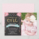 Floral Eerste verjaardag: Girl Pink Gold Rozen Kaart (Voorkant / Achterkant)