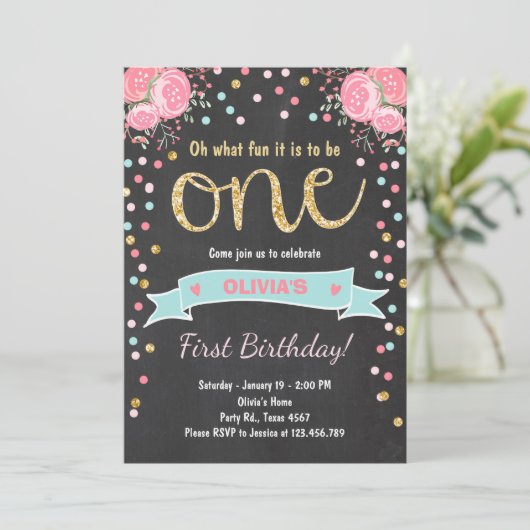 Floral Eerste verjaardag: Girl Pink Gold Rozen Kaart (Staand voorkant)