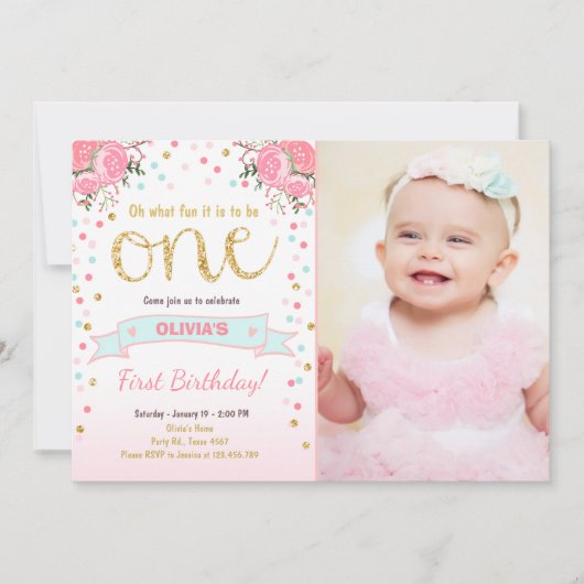 Floral Eerste verjaardag: Girl Pink Gold Rozen Kaart (Voorkant)