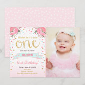 Floral Eerste verjaardag: Girl Pink Gold Rozen Kaart (Voorkant / Achterkant)