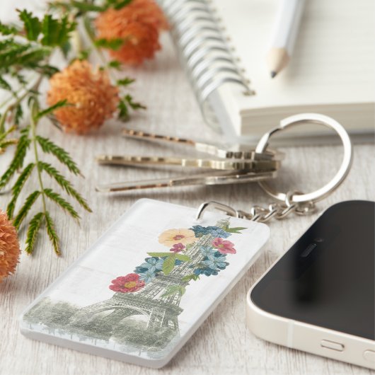 Floral Eiffel Tower | Parijs, Frankrijk Sleutelhanger (Voorkant Rechts)