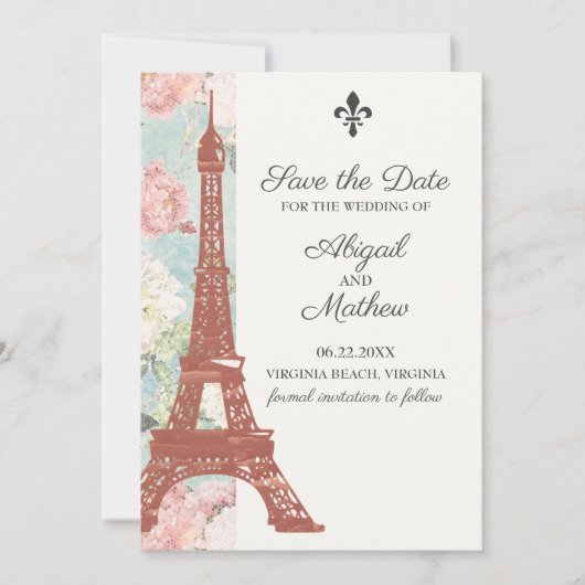  Floral Eiffel Tower Paris Blue Wedding Save The Date (Voorkant)