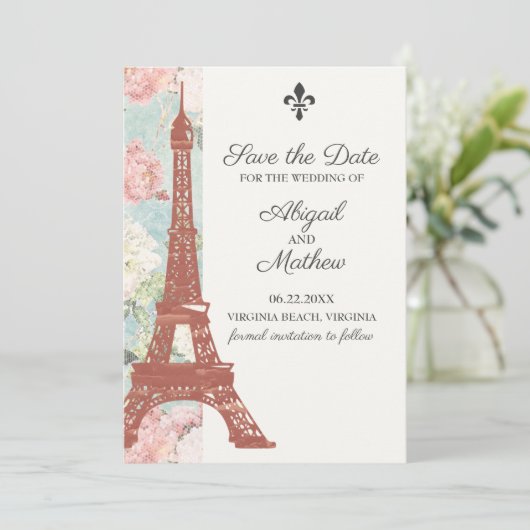  Floral Eiffel Tower Paris Blue Wedding Save The Date (Staand voorkant)