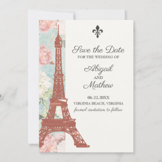 Floral Eiffel Tower Paris Blue Wedding Save The Date