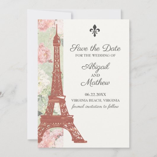  Floral Eiffel Tower Paris Green Wedding Save The Date (Voorkant)