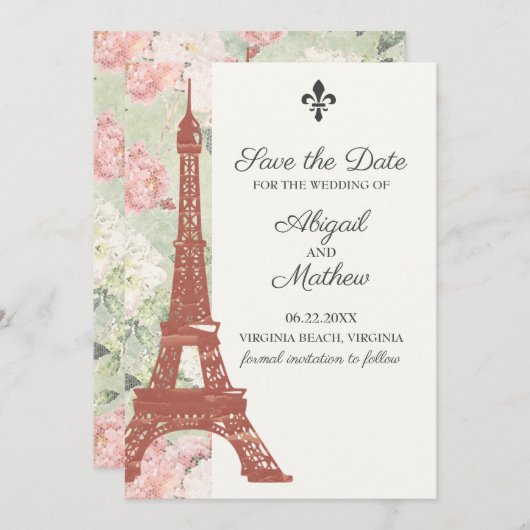  Floral Eiffel Tower Paris Green Wedding Save The Date (Voorkant / Achterkant)