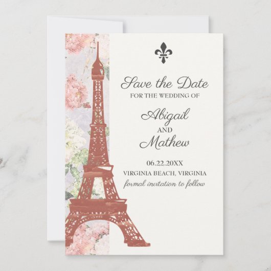  Floral Eiffel Tower Paris Paarse bruiloft Save The Date (Voorkant)