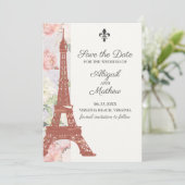  Floral Eiffel Tower Paris Paarse bruiloft Save The Date (Staand voorkant)
