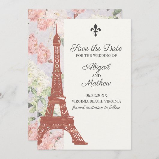  Floral Eiffel Tower Paris Paarse bruiloft Save The Date (Voorkant / Achterkant)