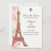  Floral Eiffel Tower Paris Pink Weddenschap Save The Date (Voorkant)