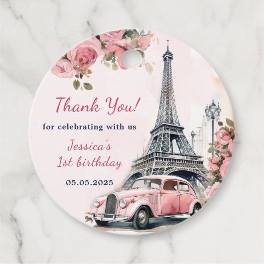 Floral Eiffeltoren Parijs 1e verjaardag Bedankjes Labels (Voorkant)