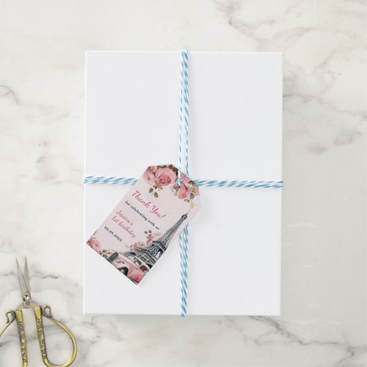 Floral Eiffeltoren Parijs 1e verjaardag Cadeaulabel (Met Touw)