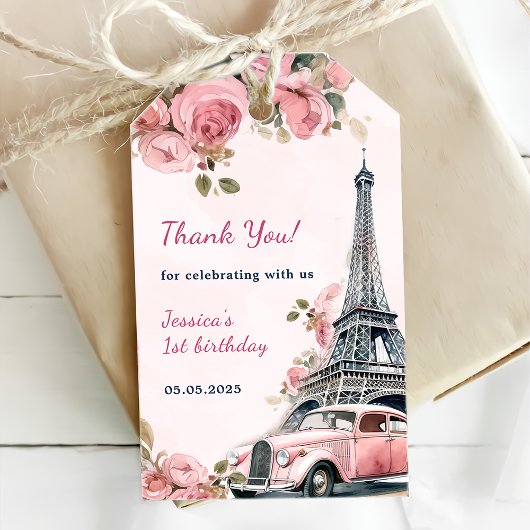 Floral Eiffeltoren Parijs 1e verjaardag Cadeaulabel