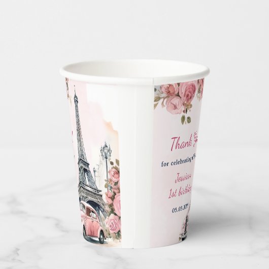 Floral Eiffeltoren Parijs 1e verjaardag Papieren b Papieren Bekers (Rechts)