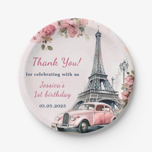 Floral Eiffeltoren Parijs 1e verjaardag Papieren Bordje (Voorkant)