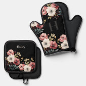 Floral Elegance gepersonaliseerd Ovenwant & Pannenlap Set (Voorkant / Achterkant)
