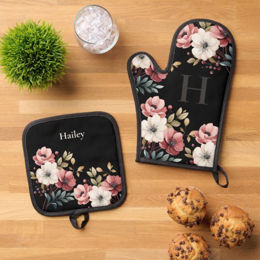 Floral Elegance gepersonaliseerd Ovenwant & Pannenlap Set (Top down)