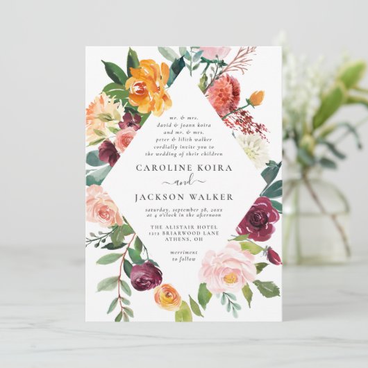 Floral Elegance herfst bruiloft uitnodiging (Staand voorkant)