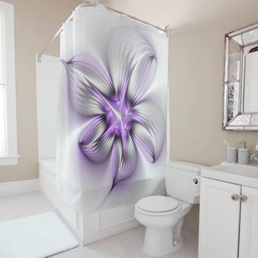 Floral Elegance Modern Abstract Violet Fractal Art Douchegordijn (In situ)