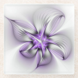Floral Elegance Modern Abstract Violet Fractal Art Glazen Onderzetter