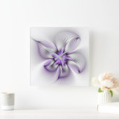 Floral Elegance Modern Abstract Violet Fractal Art Vierkante Klok (Huis)