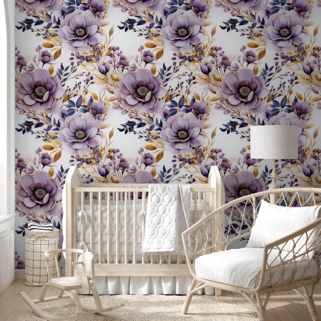 Floral Elegance: Paarse Bloesem Design Behang (Kinderen)