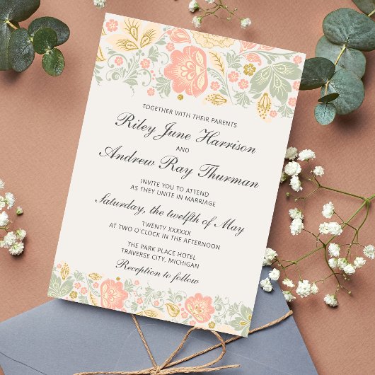 Floral Elegance Peach Blush Sage Classic Wedding Kaart