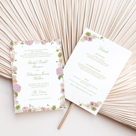 Floral Elegance Pink Green All in one Wedding Kaart