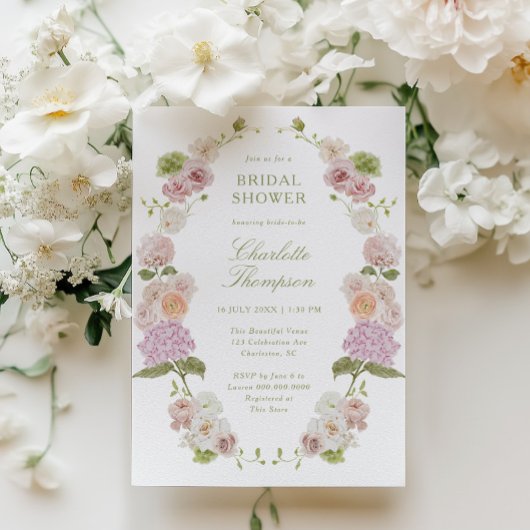 Floral Elegance Pink Green Bridal Shower Kaart