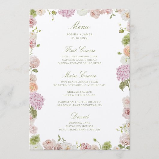 Floral Elegance Pink Green Frame Wedding Menu (Voorkant)